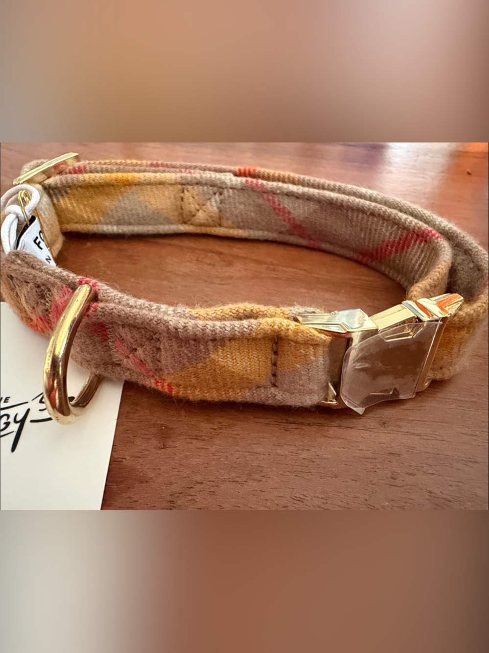The Foggy Dog Beige Plaid Dog Collar with Gold Hardware